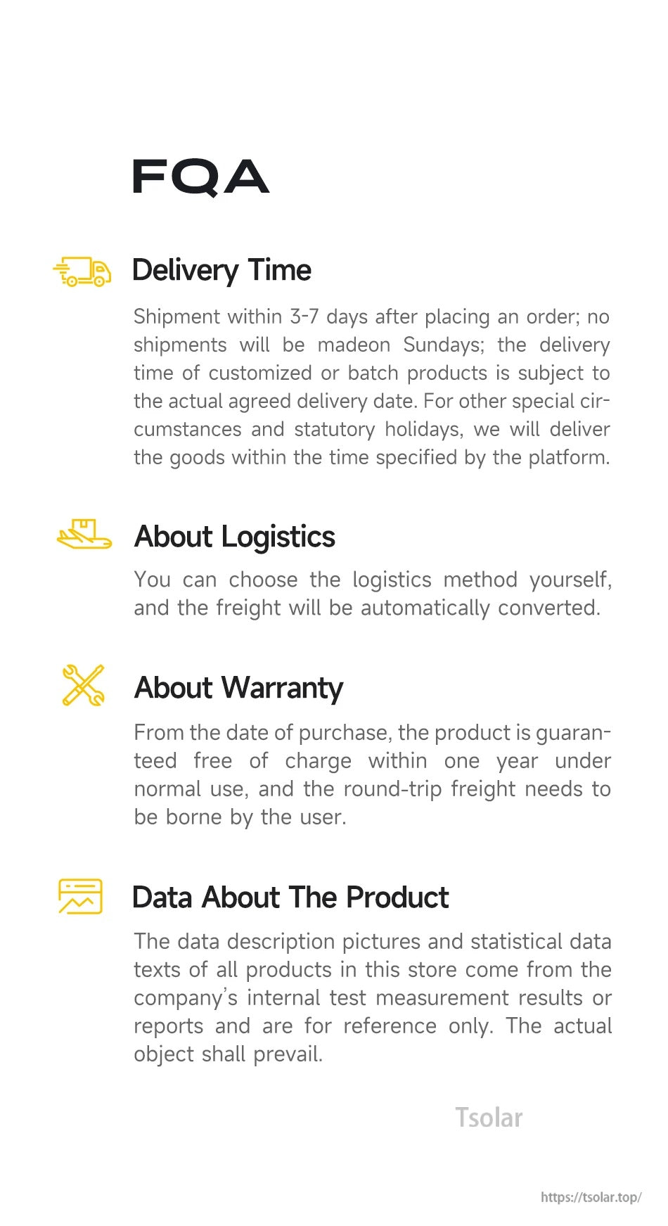 FAQ page with delivery time, logistics, warranty, and product data notes for Tsolar store listing