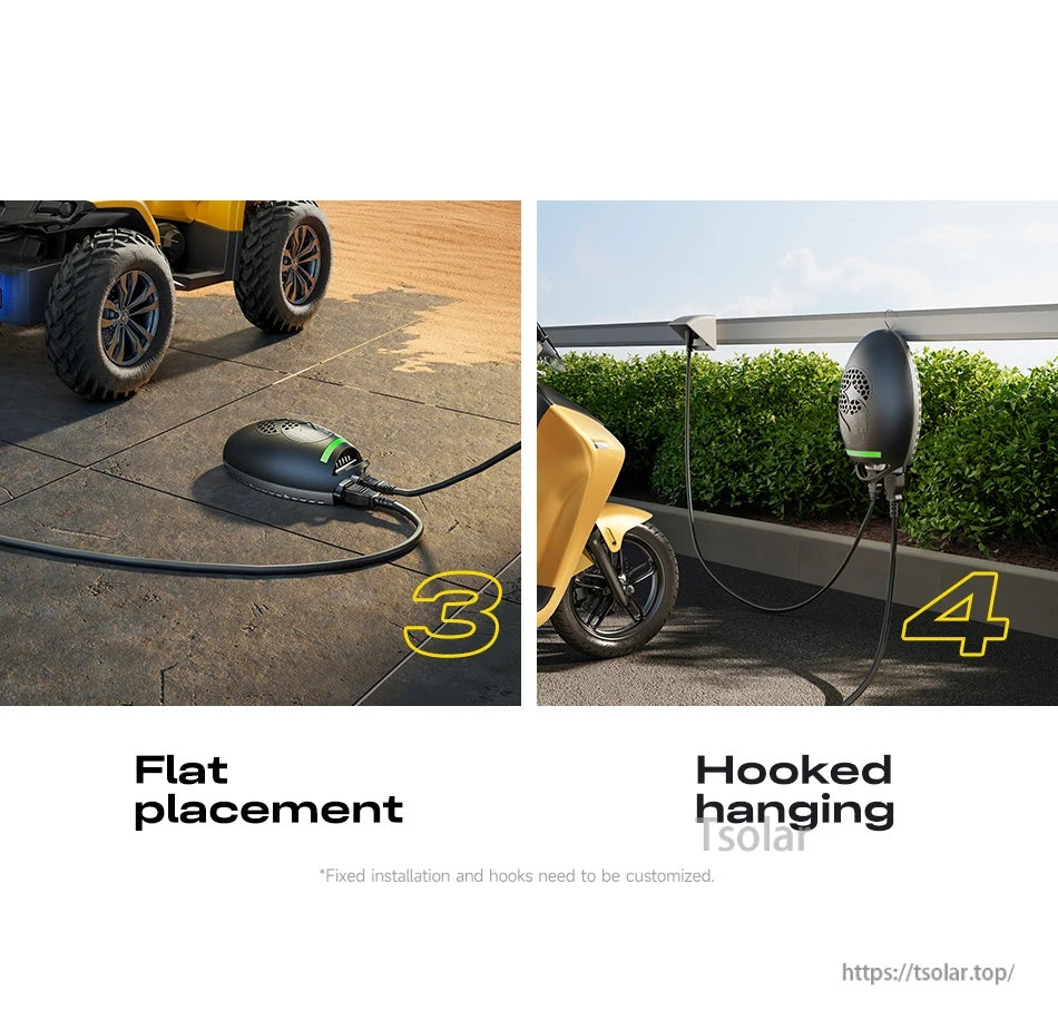 Placement options for the charger: flat placement on ground and hooked hanging near an electric motorcycle