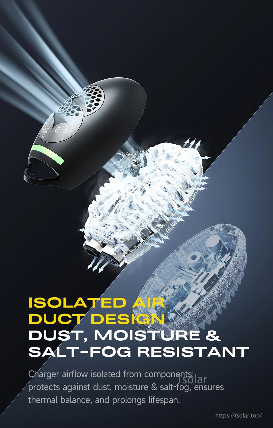 DALY Charging Ball lithium battery charger with vented housing and isolated air duct design, dust and moisture resistant