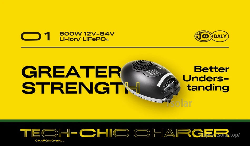 DALY Charging Ball 500W charger branding banner with 12–84V range and Li-ion/LiFePO4 compatibility text