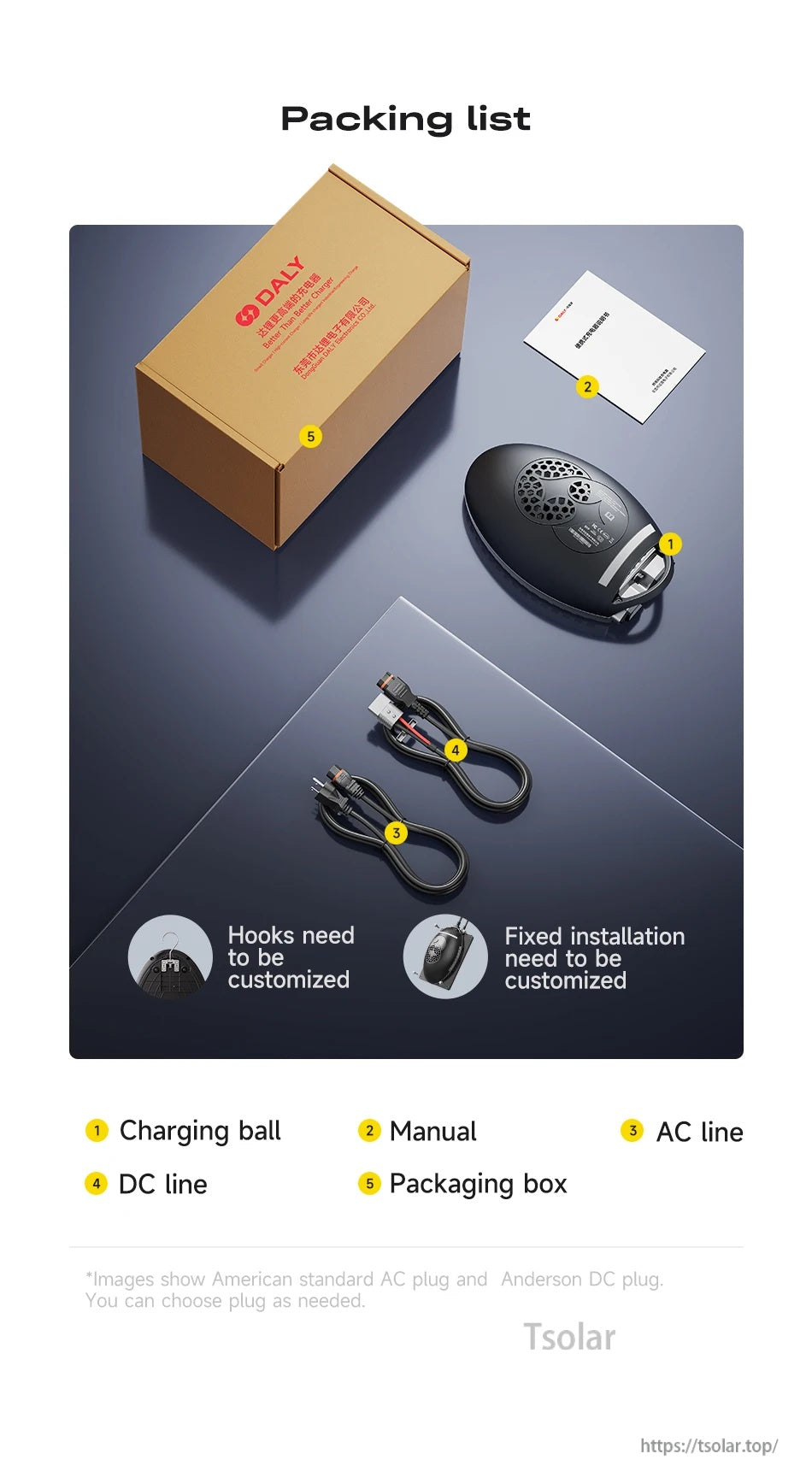 DALY charging ball lithium battery charger kit with manual, AC power cord, DC output cable, and box