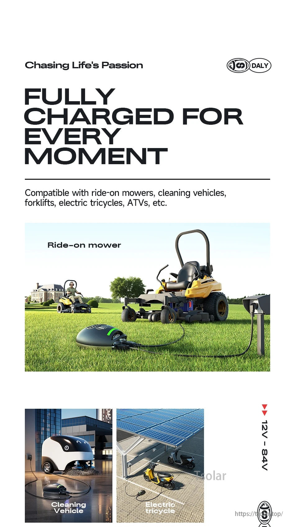 Lifestyle applications for DALY Charging Ball charger with ride-on mower, cleaning vehicle, and electric tricycle