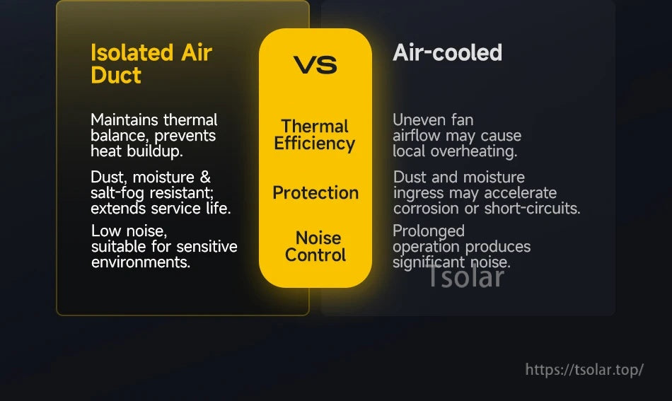 Comparison graphic of isolated air duct vs air-cooled design, focusing on thermal efficiency, protection, and noise control