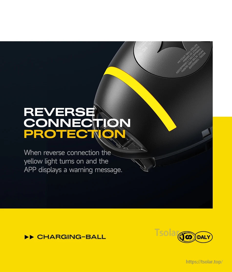 DALY Charging Ball 24V lithium battery charger with yellow status light, highlighting reverse connection protection