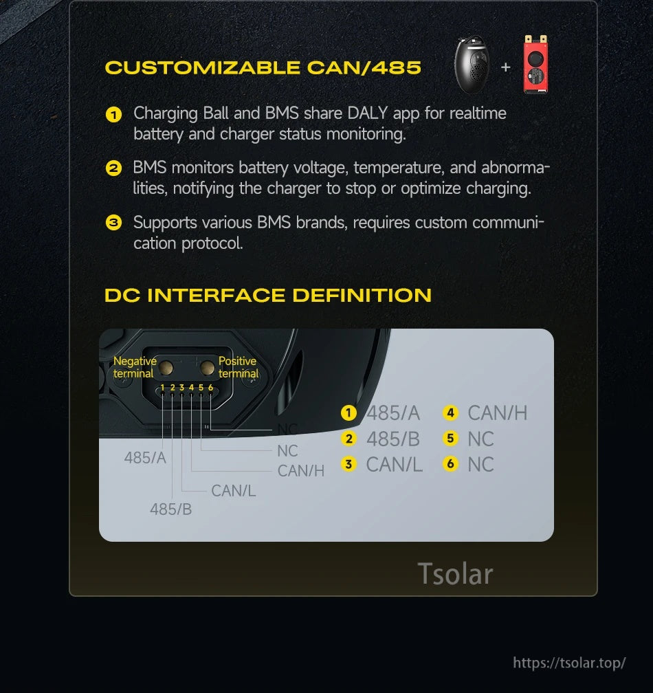 DALY charger DC interface pinout showing positive/negative terminals and CAN/485 wiring (485A, 485B, CANL, CANH).