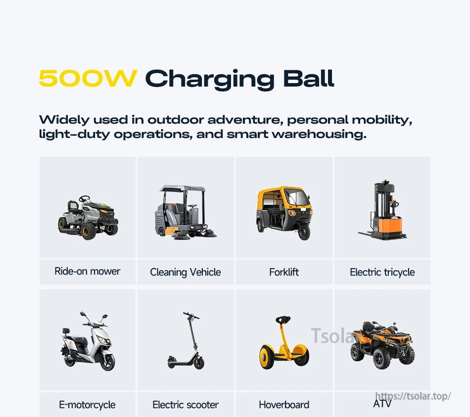 Application icons for DALY 500W Charging Ball charger: mower, cleaning vehicle, forklift, tricycle, scooter, ATV