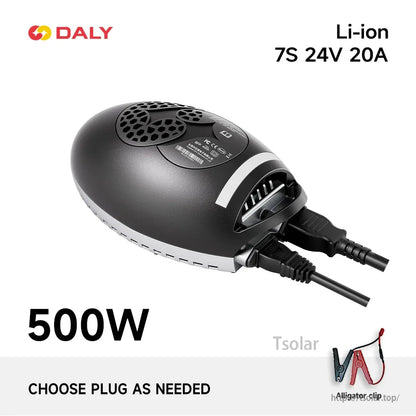 Li-ion 7S 24V 20A charger graphic with DC alligator clip output lead option shown