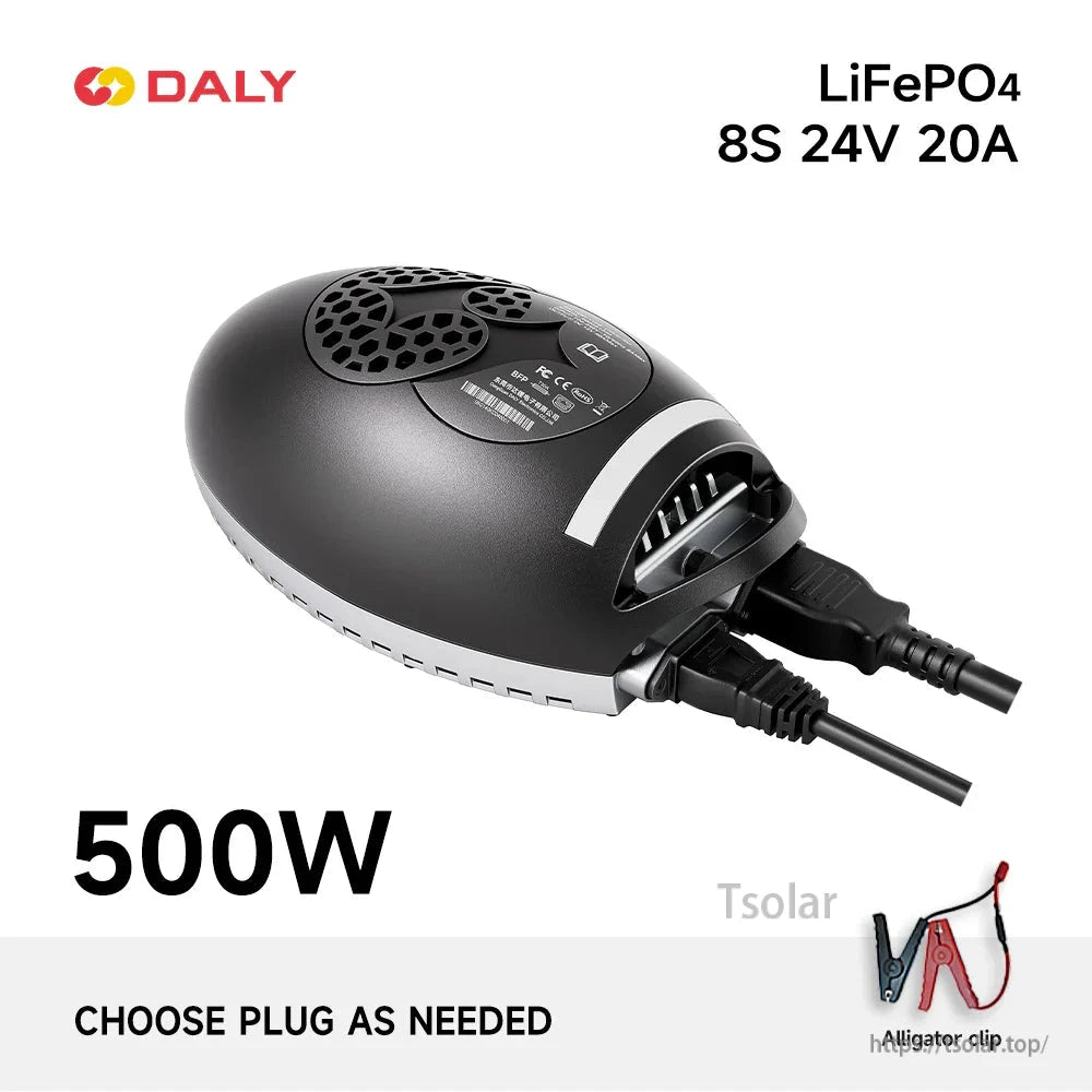 LiFePO4 8S 24V 20A charger graphic with DC alligator clip output lead option shown