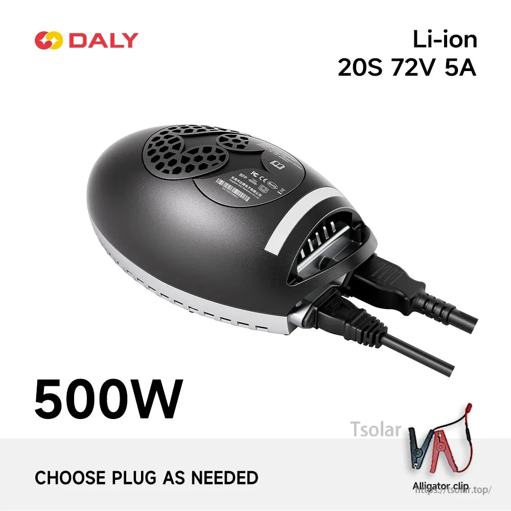 DALY 500W charger option graphic showing Li-ion 20S 72V 5A with alligator clip output leads