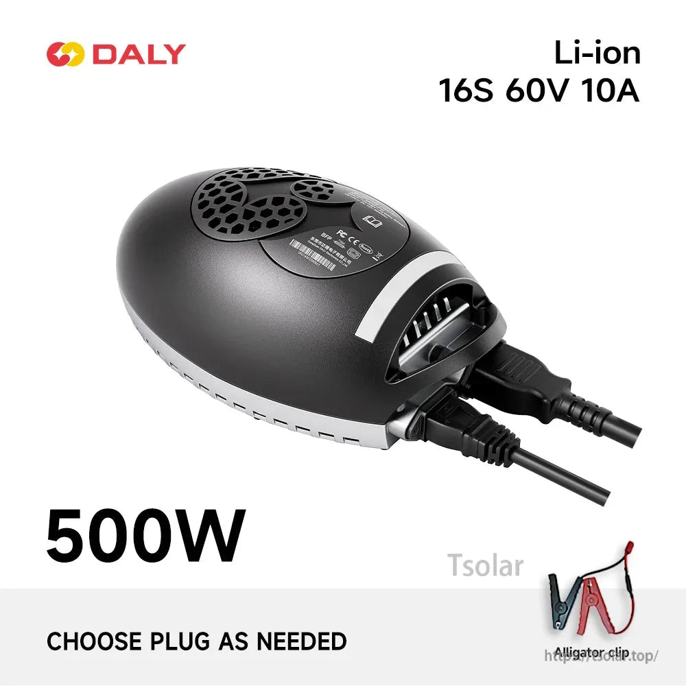 DALY Charging Ball 500W Lithium Battery Charger graphic for Li-ion 16S 60V 10A with alligator clip option
