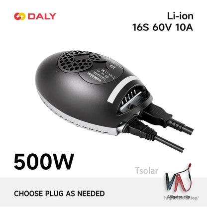 DALY Charging Ball 500W Lithium Battery Charger graphic for Li-ion 16S 60V 10A with alligator clip option