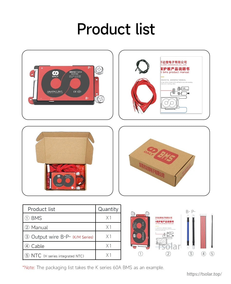 Product list contents: DALY BMS unit, manual, output wire, balance cable, and NTC temperature sensor; packaging box shown
