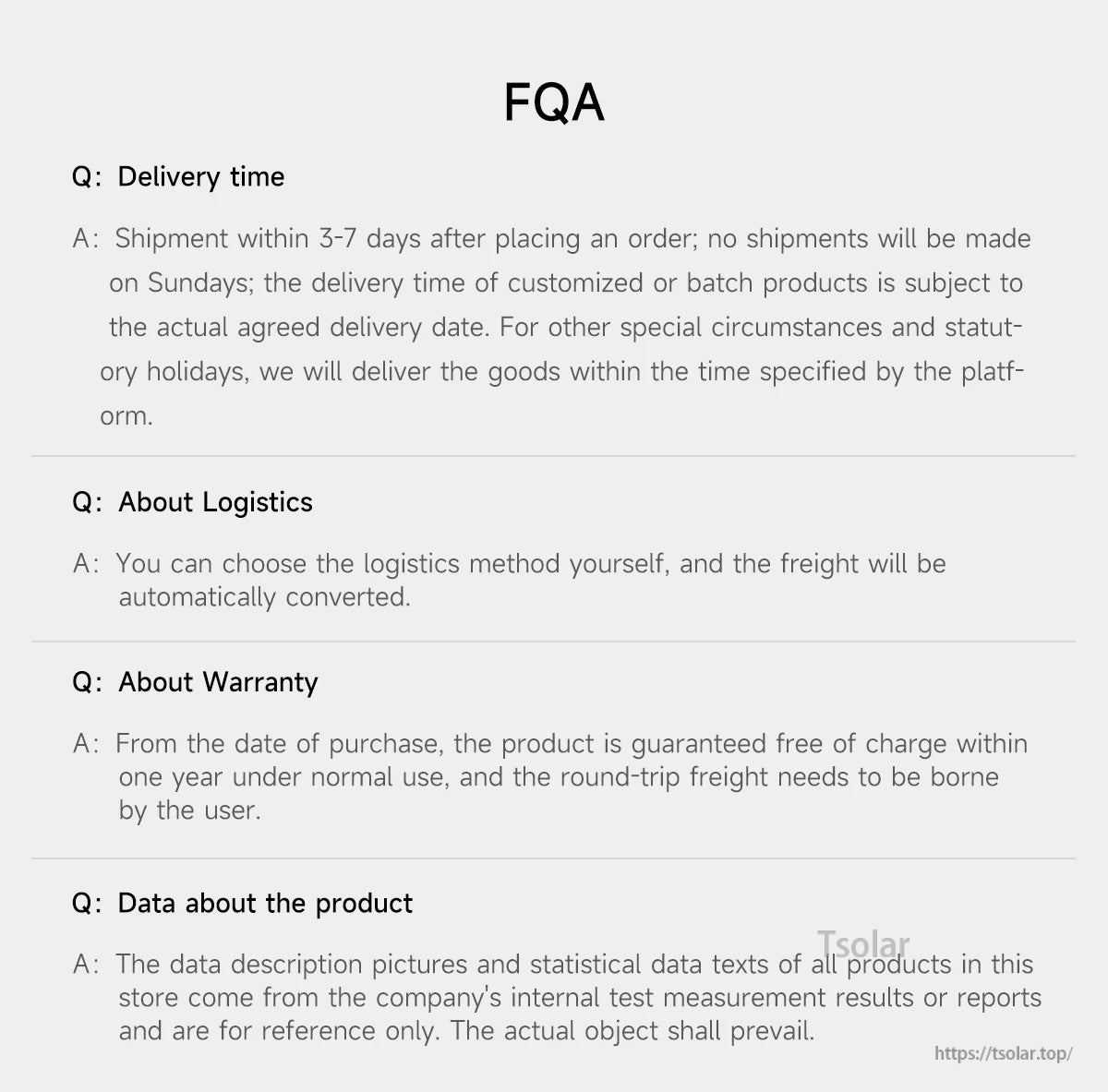 FAQ page with delivery time, logistics options, warranty terms, and product data notes for DALY Hardware BMS