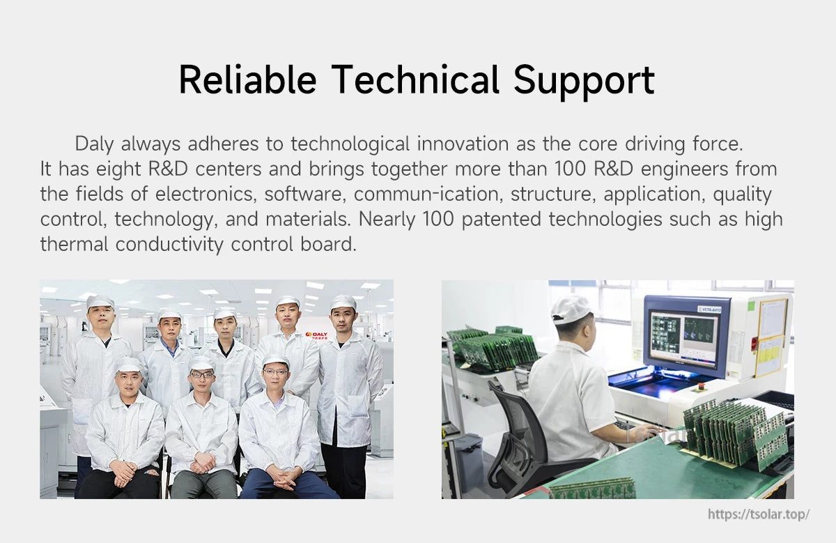 Daly R&D team and lab testing area under “Reliable Technical Support” for DALY hardware BMS