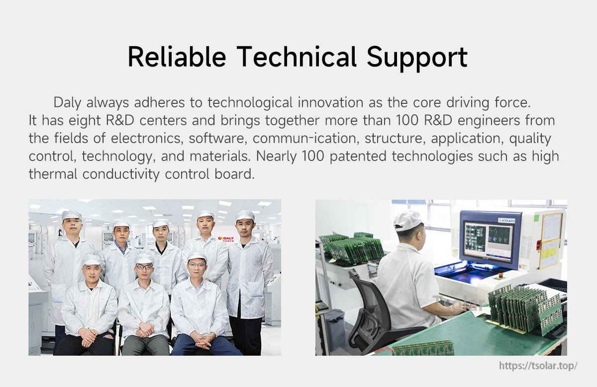 DALY reliable technical support banner with R&D team photo and engineer testing circuit boards in lab