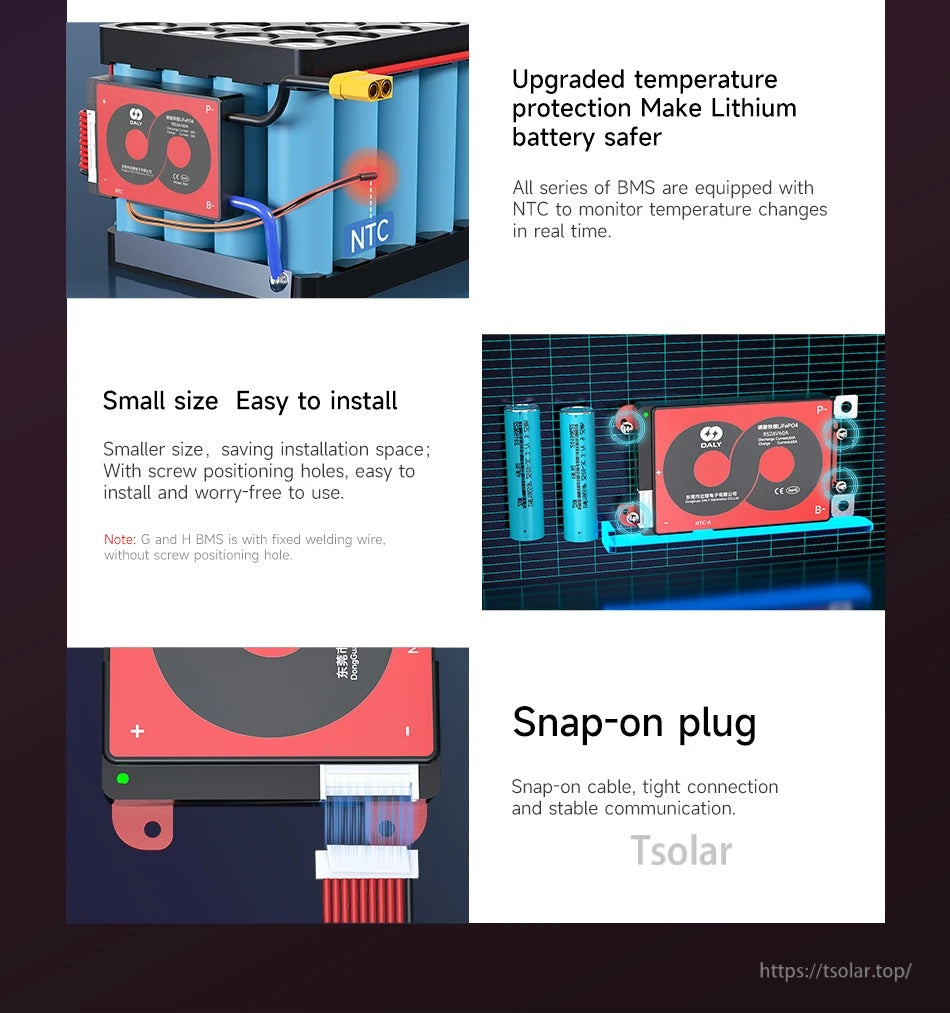 NTC temperature sensing, compact size, and snap-on plug cable connection details for DALY BMS