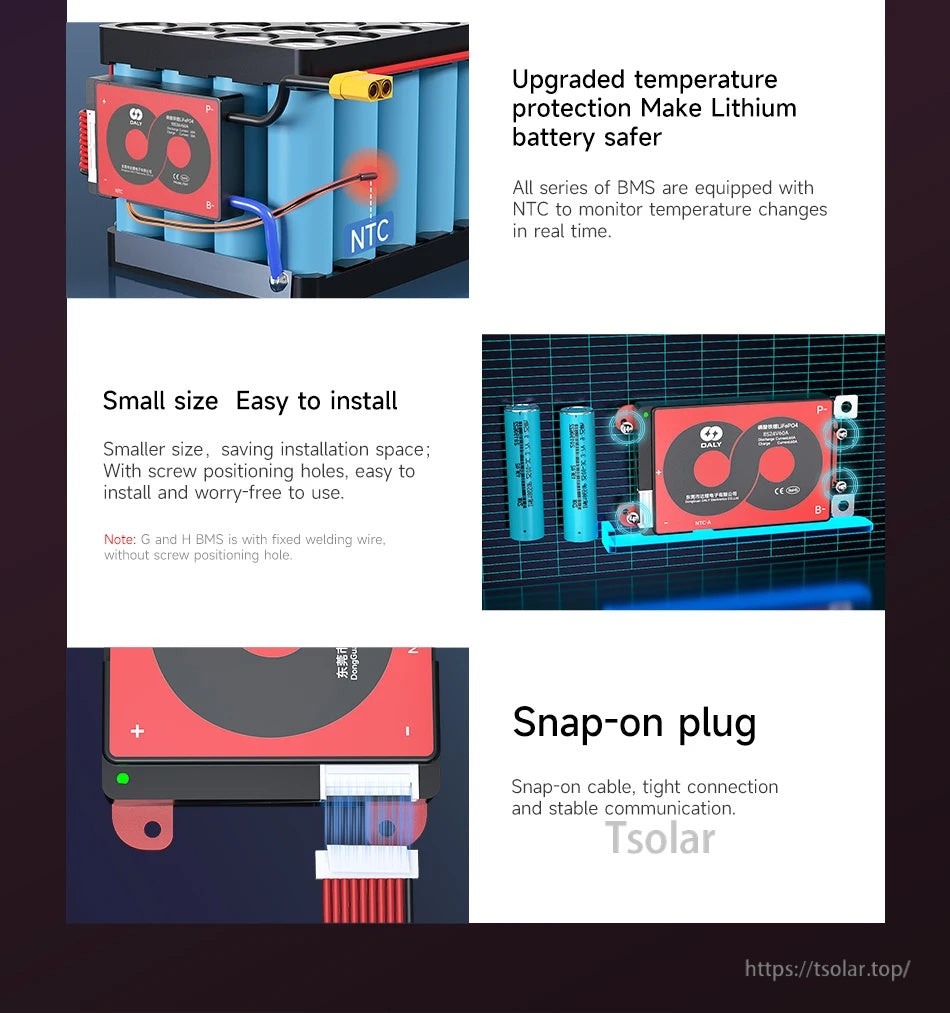 NTC temperature monitoring, compact install-friendly design, and snap-on plug connection detail for a DALY BMS board