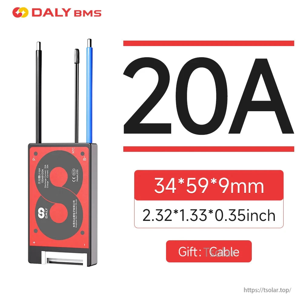 20A BMS size graphic showing module with leads, dimensions 34×59×9 mm and included cable