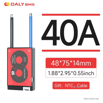 40A BMS size graphic showing module with leads, dimensions 48×75×14 mm and included NTC and cable
