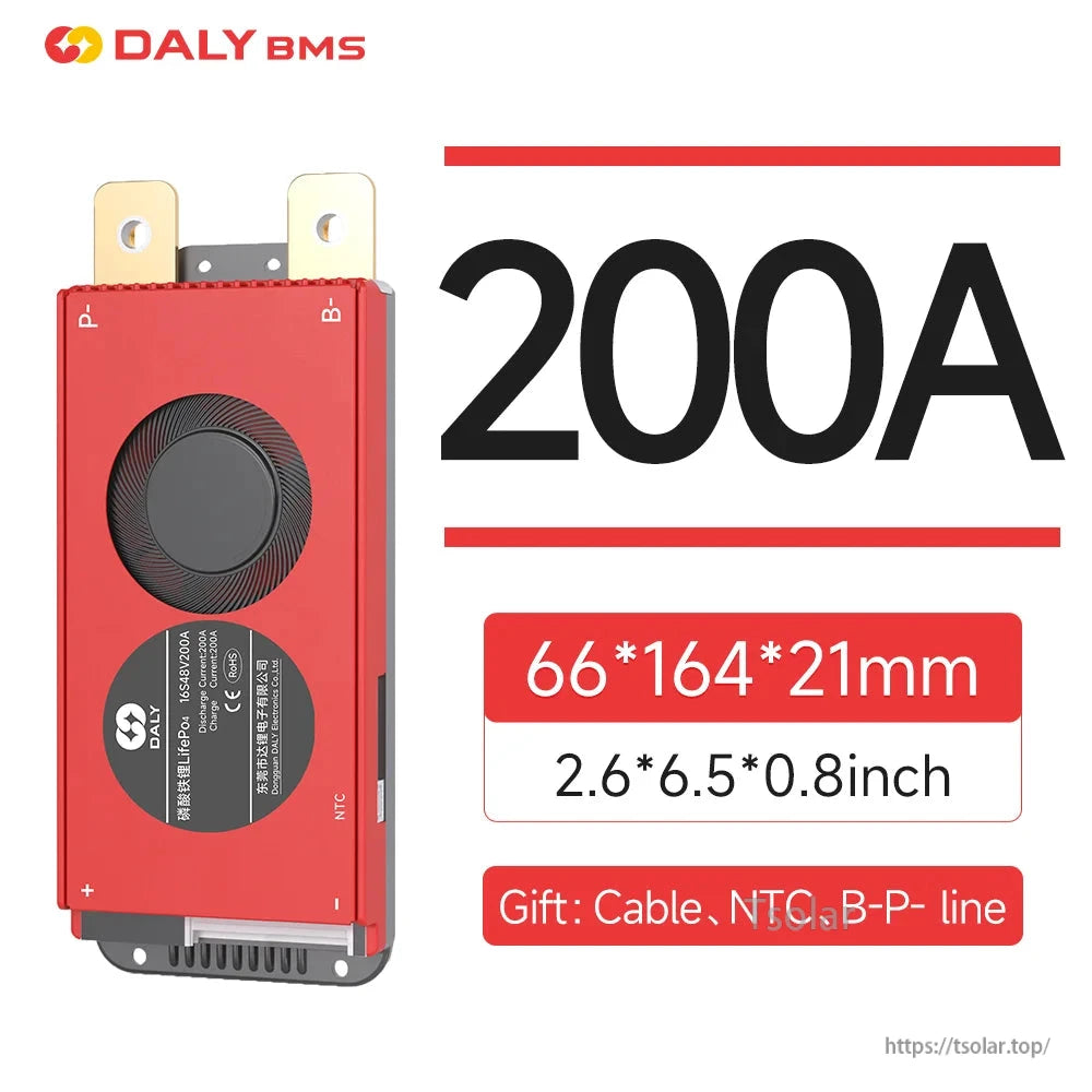 200A DALY BMS dimension callout 66×164×21 mm with accessory list (cable, NTC, B-P line)