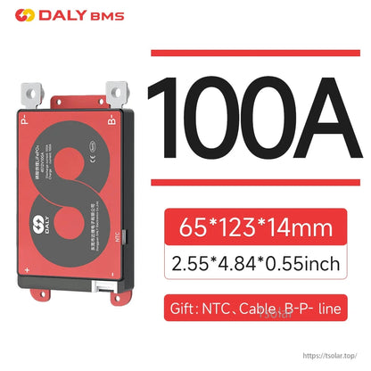 100A DALY BMS dimension callout 65×123×14 mm with accessory list (NTC, cable, B-P line)