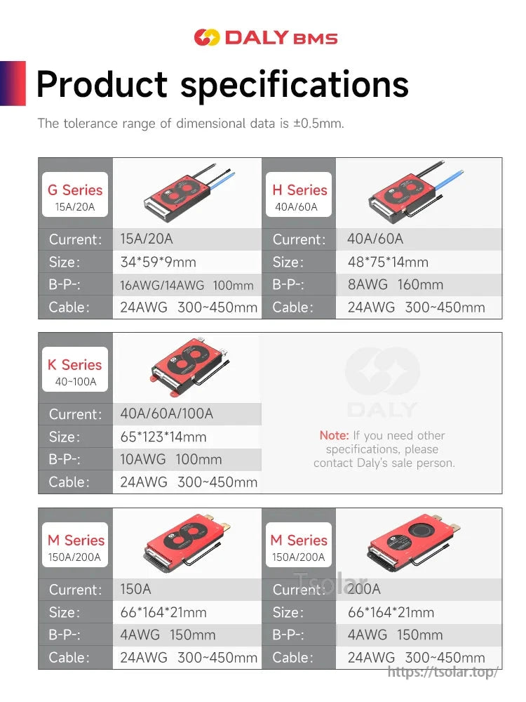 DALY BMS product specifications chart for G, H, K and M series with sizes, B-/P- wire and cable data