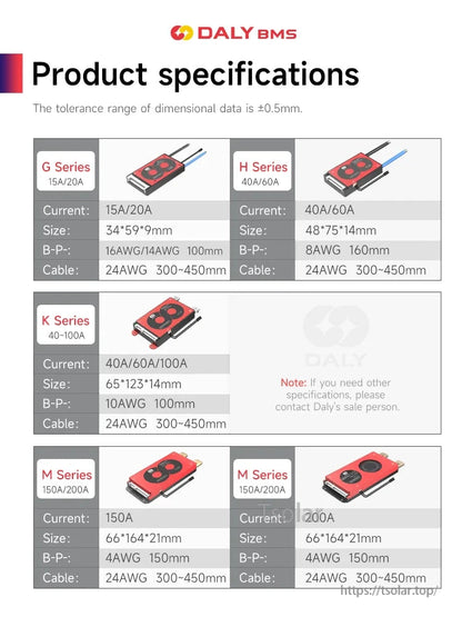 DALY BMS product specifications chart for G, H, K and M series with sizes, B-/P- wire and cable data