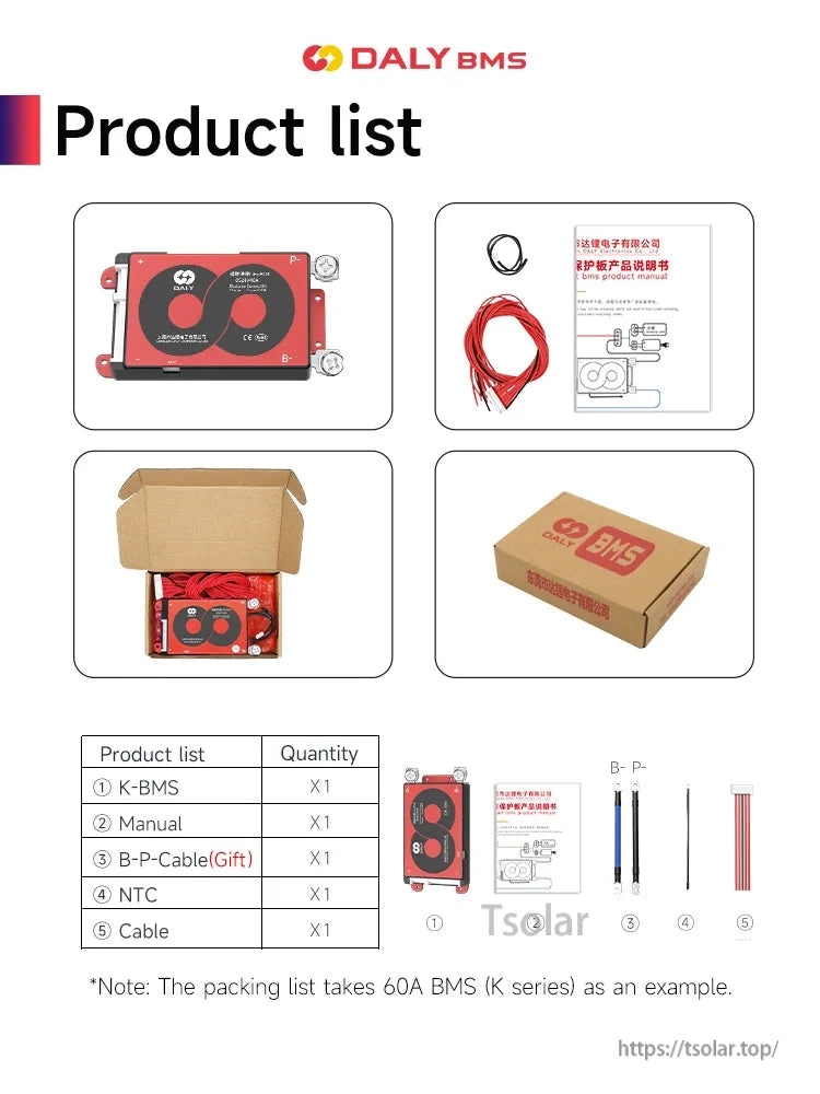 Package contents list showing BMS unit, manual, cables, NTC sensor, and cardboard box