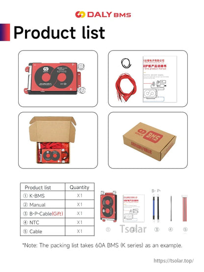 Package contents list showing BMS unit, manual, cables, NTC sensor, and cardboard box