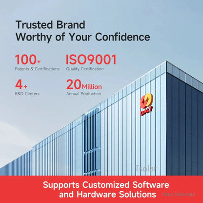 Brand credential graphic listing ISO9001, patents/certifications, R&D centers, and annual production