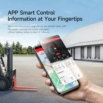 Smart BMS app control graphic showing smartphone dashboard for remote monitoring and settings