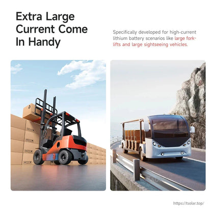 Application use-case graphic showing forklift and sightseeing vehicle for high-current lithium battery systems