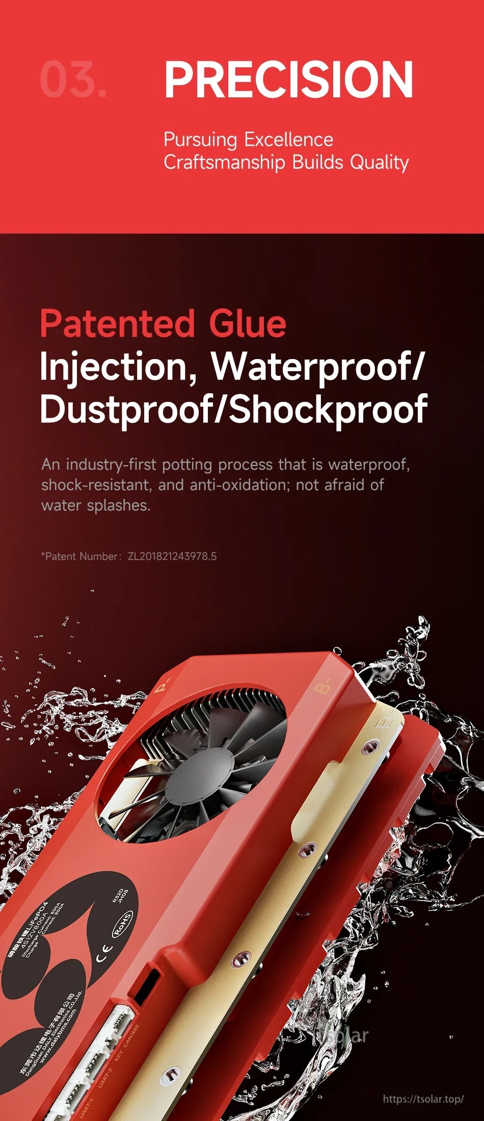 Waterproof glue-injection sealing highlight for DALY high-current BMS, emphasizing dustproof and shockproof potting process