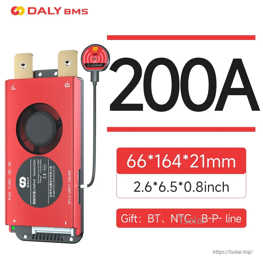 DALY Smart BMS 200A battery management system with Bluetooth module, 66×164×21mm case and B-/P- terminals