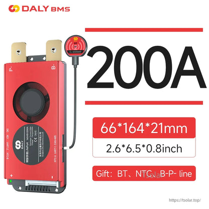 DALY Smart BMS 200A battery management system with Bluetooth module, 66×164×21mm case and B-/P- terminals