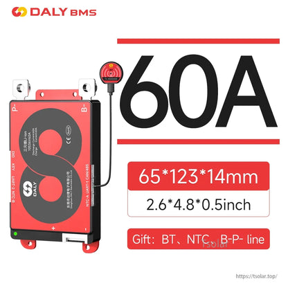 60A BMS module shown with dimensions 65×123×14 mm and included Bluetooth/NTC/B-P line callouts