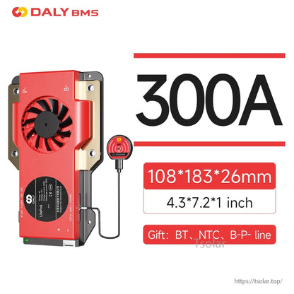 DALY Smart BMS 300A battery management unit with built-in cooling fan and Bluetooth module, 108×183×26 mm
