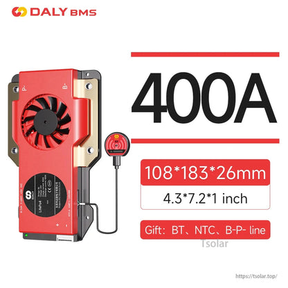 DALY Smart BMS 400A battery management system with cooling fan, Bluetooth module, and 108×183×26 mm housing