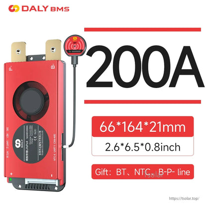 200A fan-cooled BMS module shown with dimensions 66×164×21 mm and Bluetooth module pictured