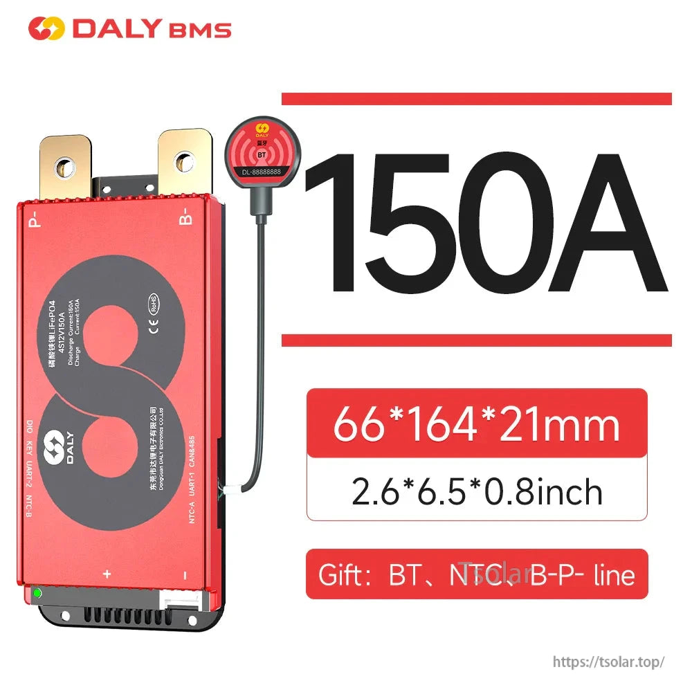 DALY Smart BMS 150A battery management board with Bluetooth module, red case, 66×164×21 mm