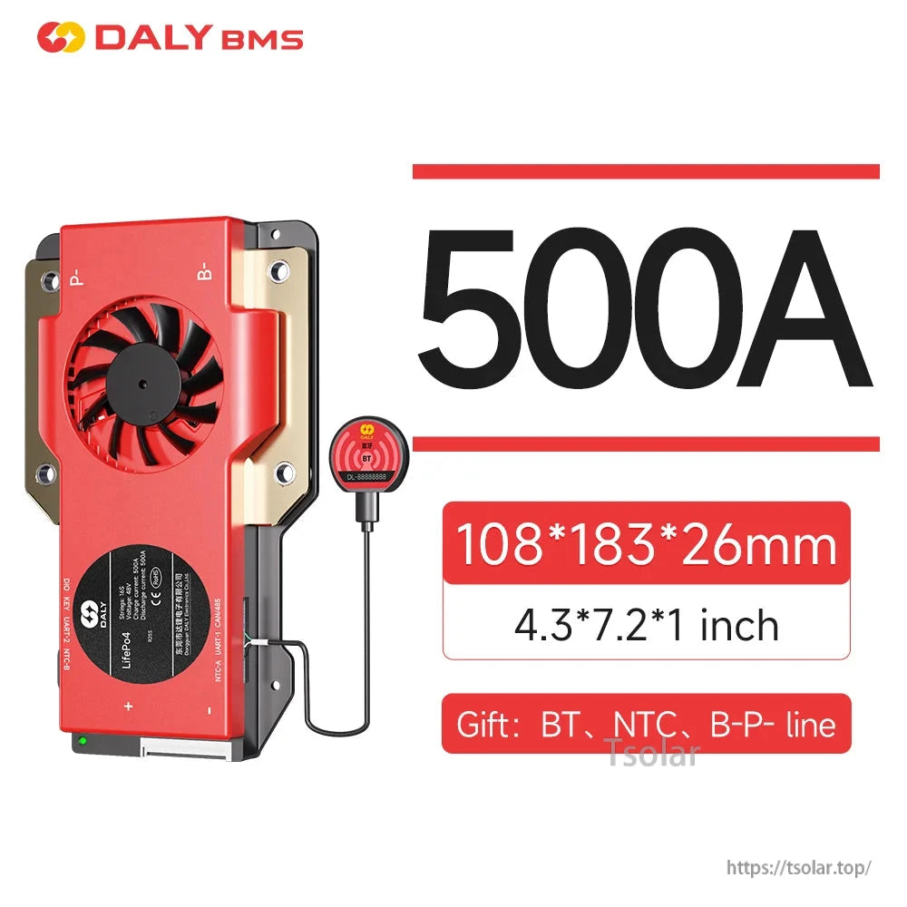 DALY Smart BMS 500A battery management system with cooling fan, BT module, and 108×183×26 mm housing