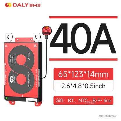 40A BMS module alternate layout showing 65×123×14 mm dimensions and included Bluetooth module