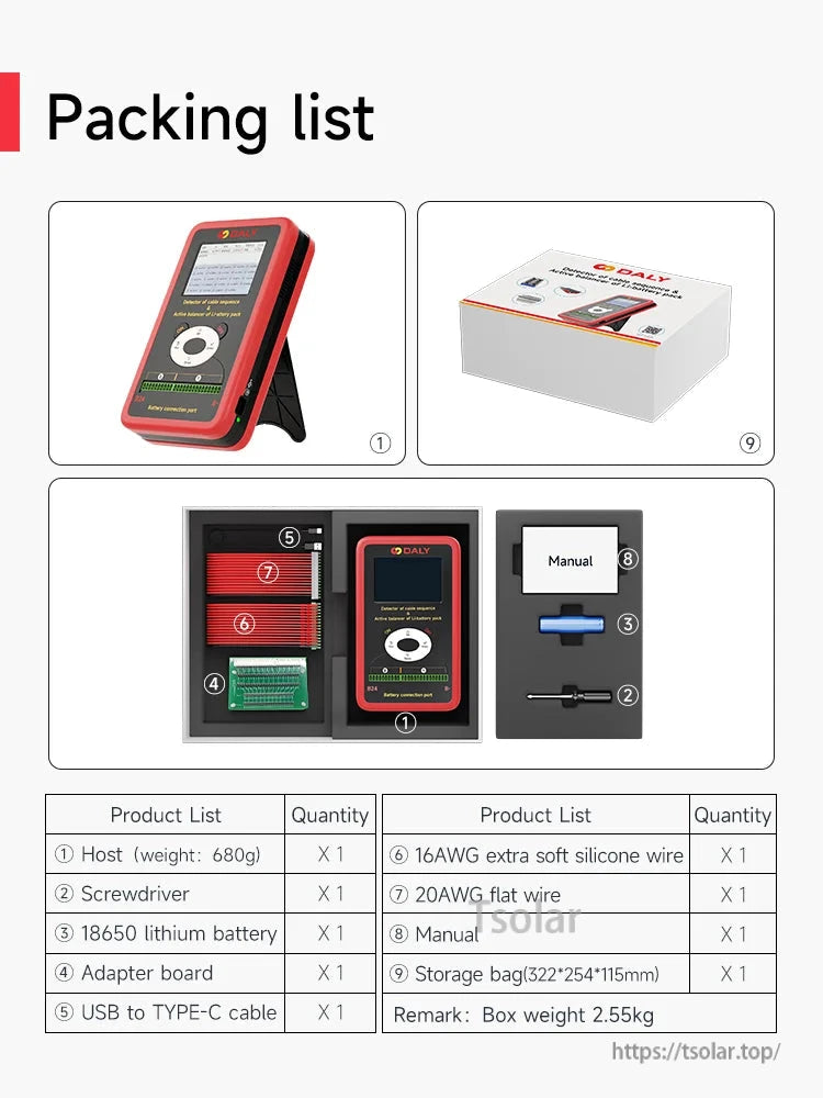Packing list showing included box contents: host unit, adapter board, wires, USB-C cable, battery, manual