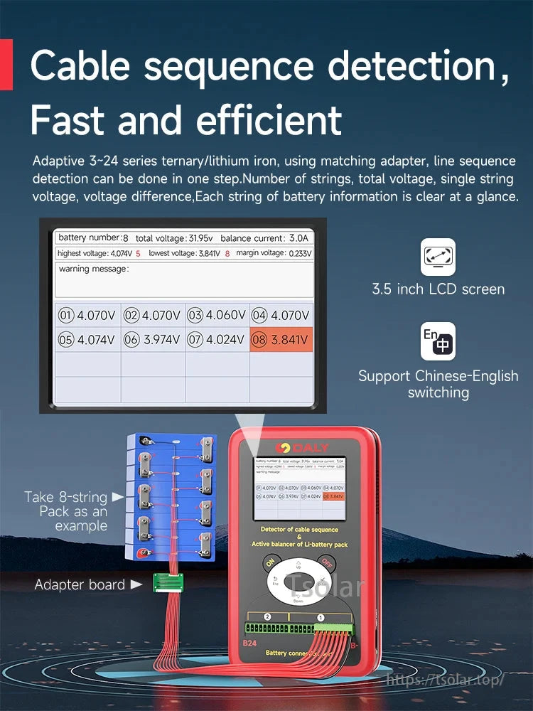 LCD screen close-up and cable sequence detection example with adapter board and 8-string pack diagram