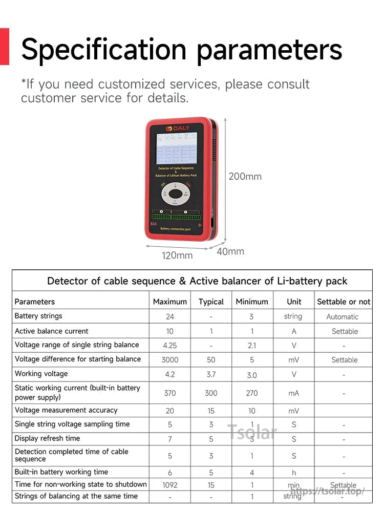 Specification parameters chart with device dimensions and technical table for cable sequence detector/balancer
