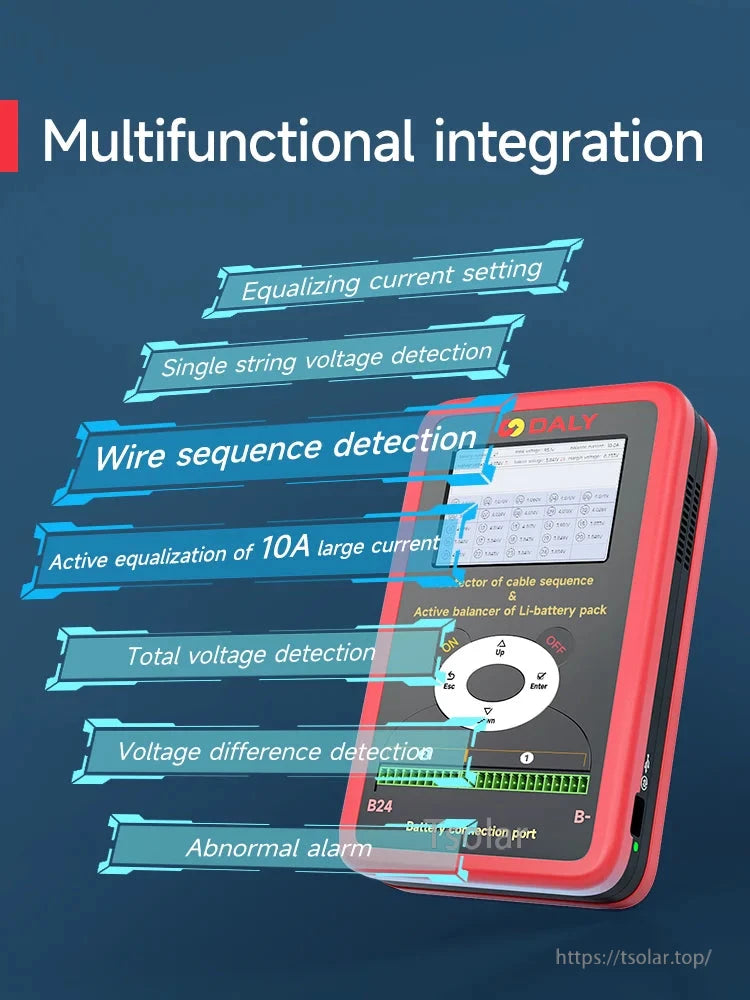 Feature overview graphic showing wire sequence detection, voltage checks, alarms, and 10A active equalization