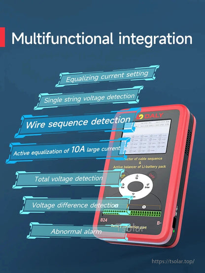 Feature overview graphic showing wire sequence detection, voltage checks, alarms, and 10A active equalization