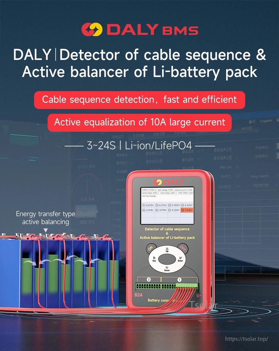 DALY SMART BMS cable-sequence detector and 10A active balancer for 3–24S Li-ion/LiFePO4 packs