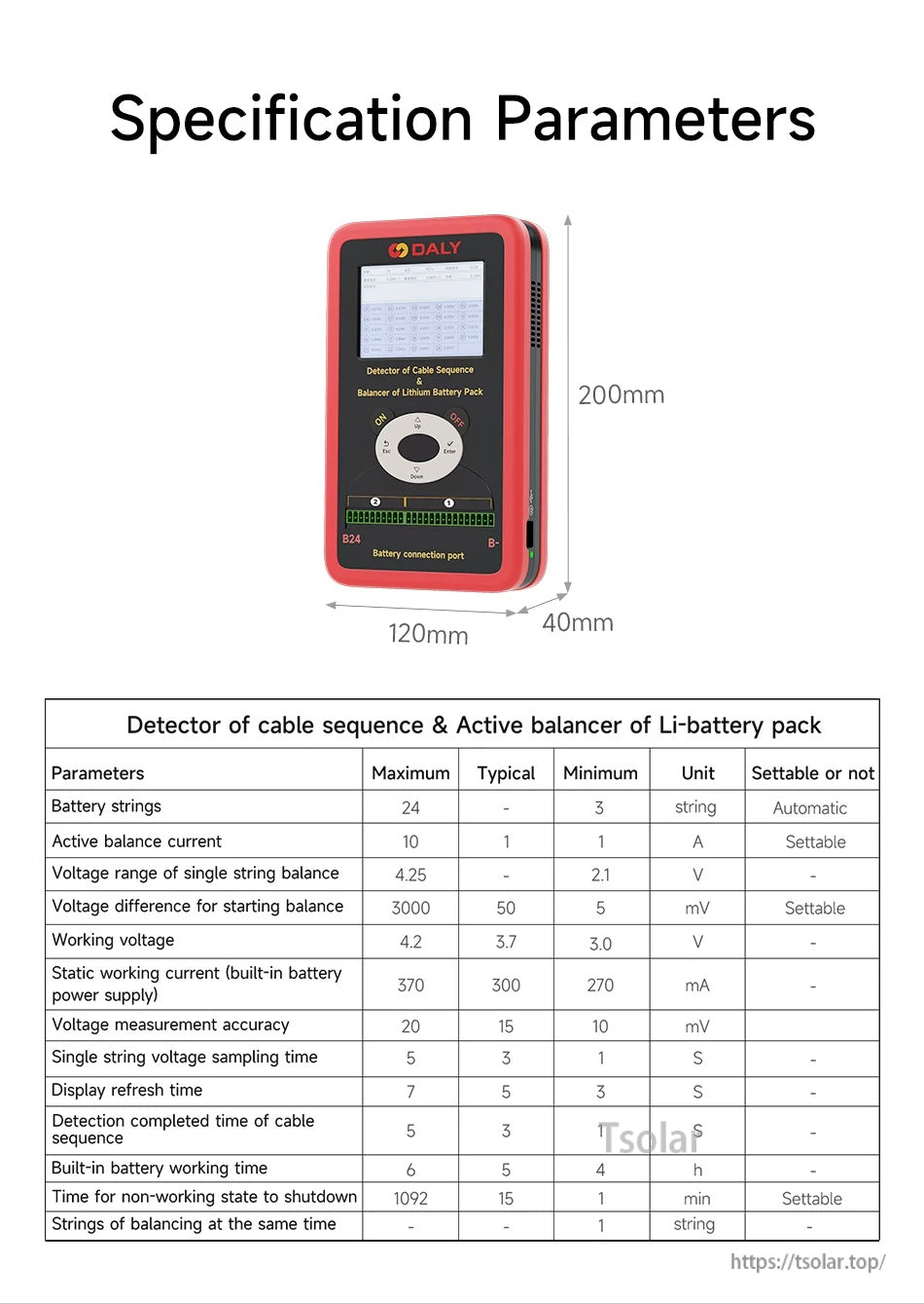 Handheld balancer dimensions and specification table with 200×120×40 mm size and 3–24S operating range