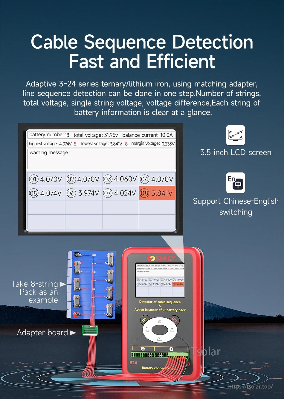 Cable sequence detection screen on 3.5-inch LCD with adapter board example for an 8‑string battery pack